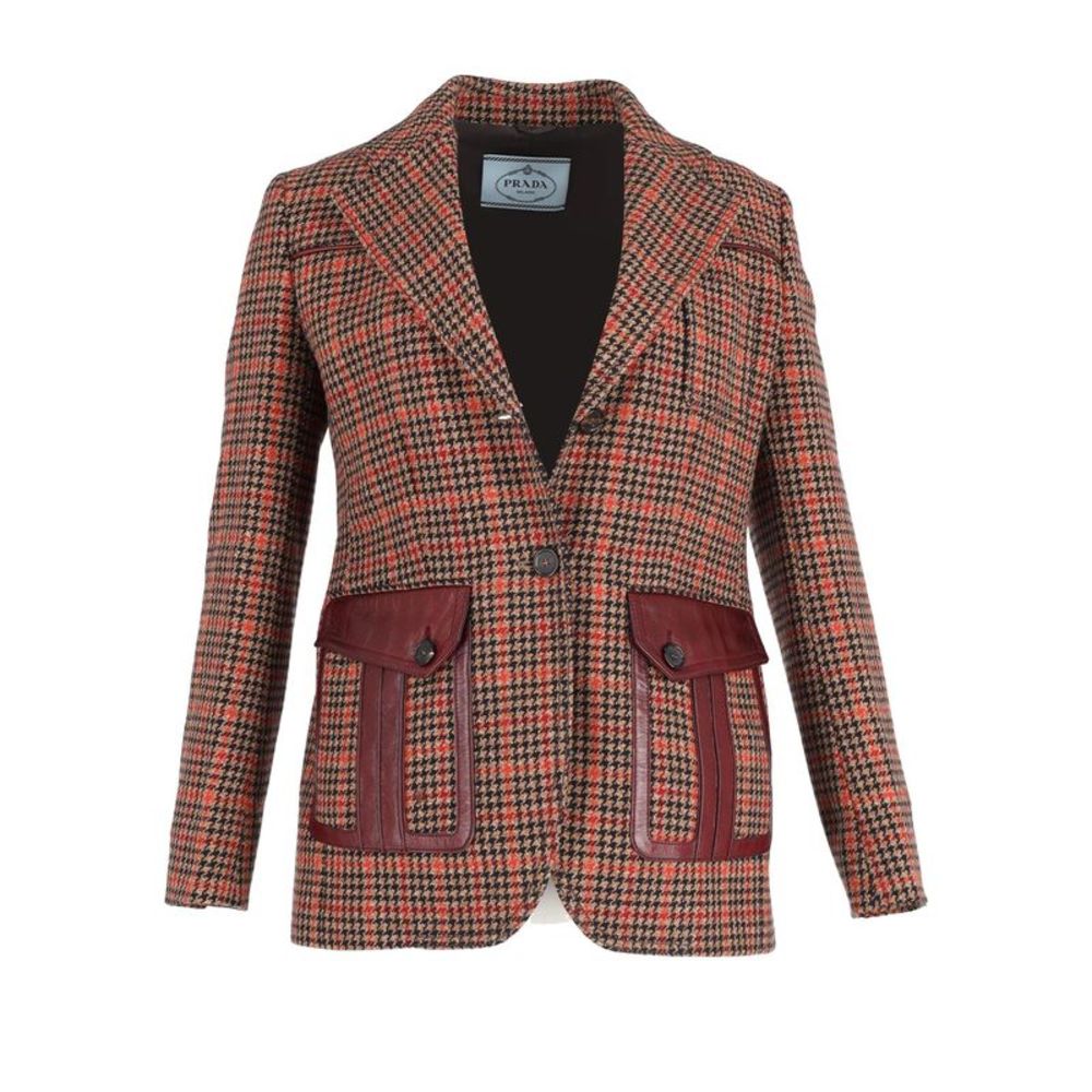 Pre Loved Prada Leather-Trimmed Checked Blazer in Brown Wool-blend Tweed - Picture 1 of 3